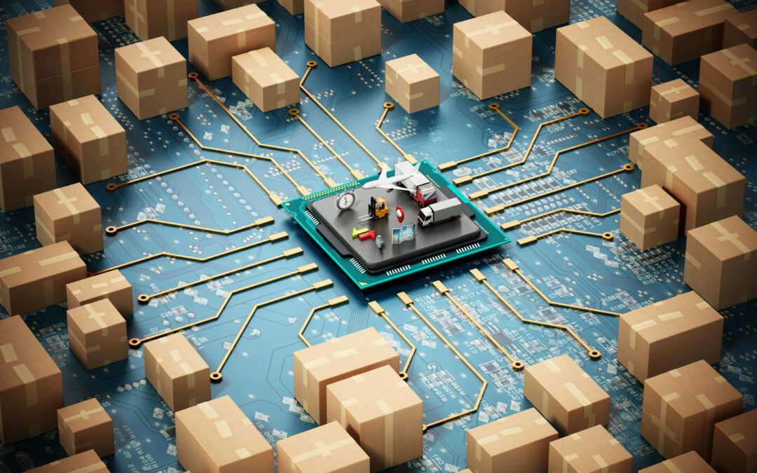 A circuit board linking to parcels representing international shipping software