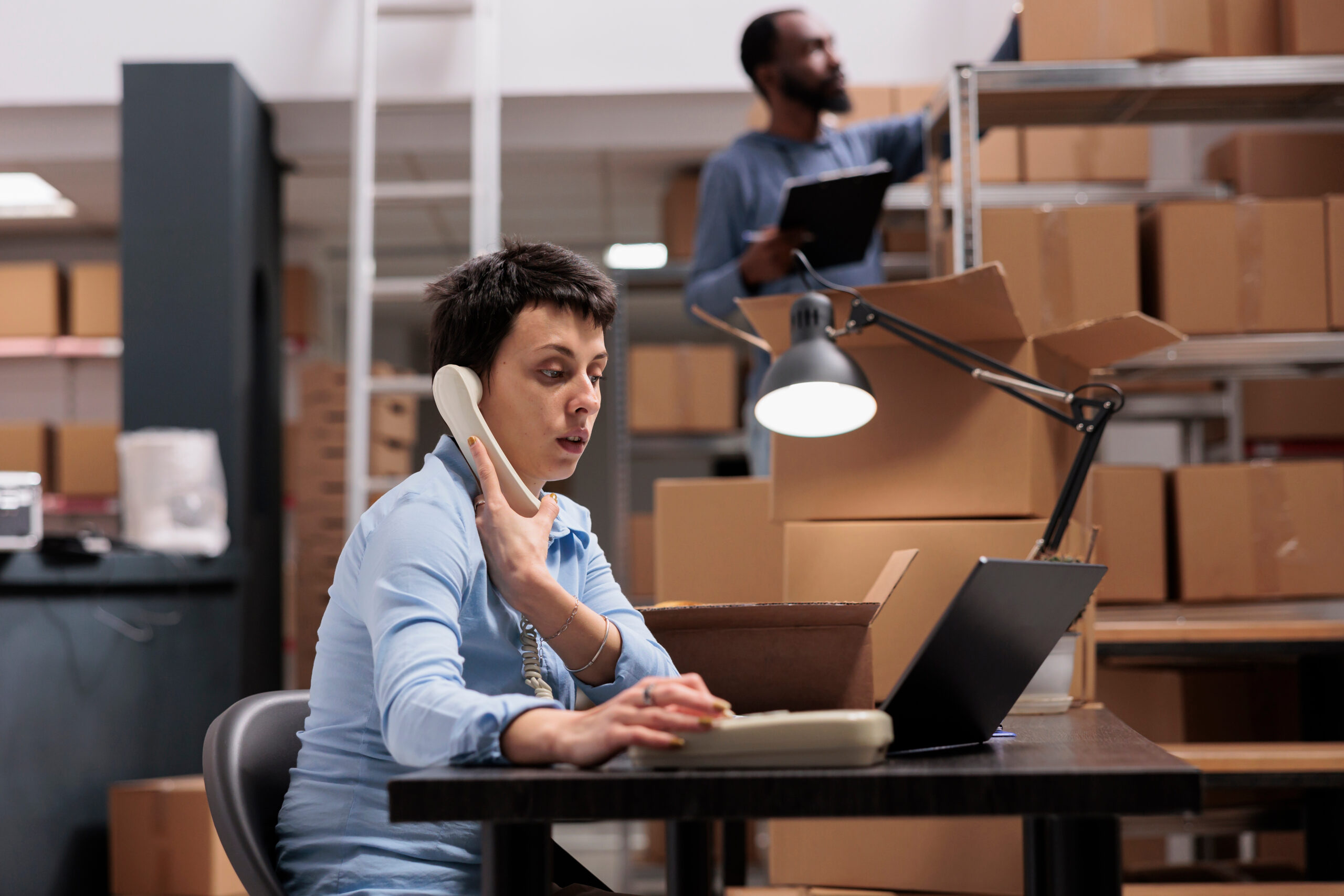 person on the phone sitting at a desk in a warehouse full of parcels trying to resolve customs delays for international shipping