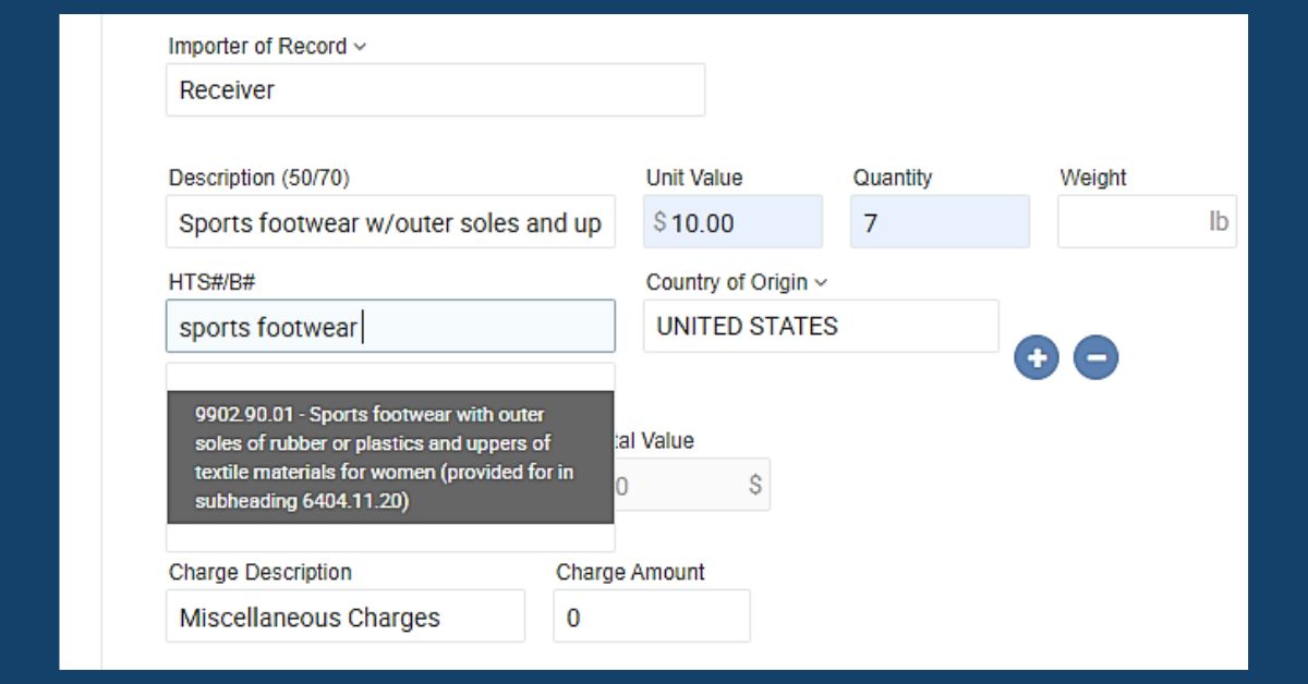 computer screen showing international shipping software feature HS code lookup