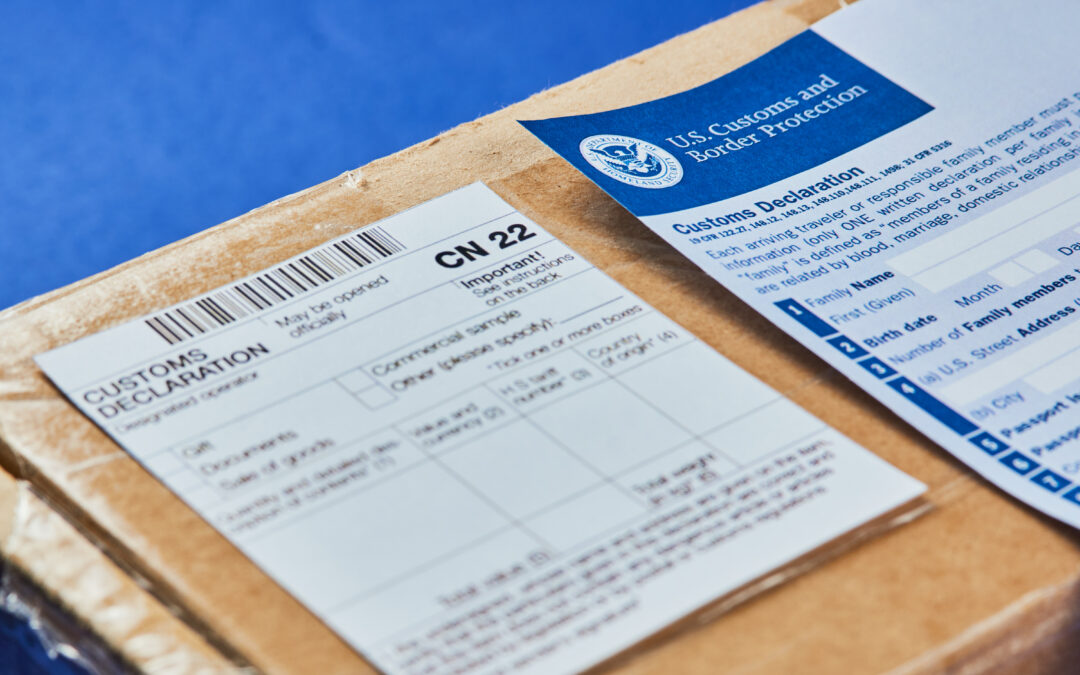 a parcel with U.S. Customs and Border Protection documents for customs declaration in international shipping