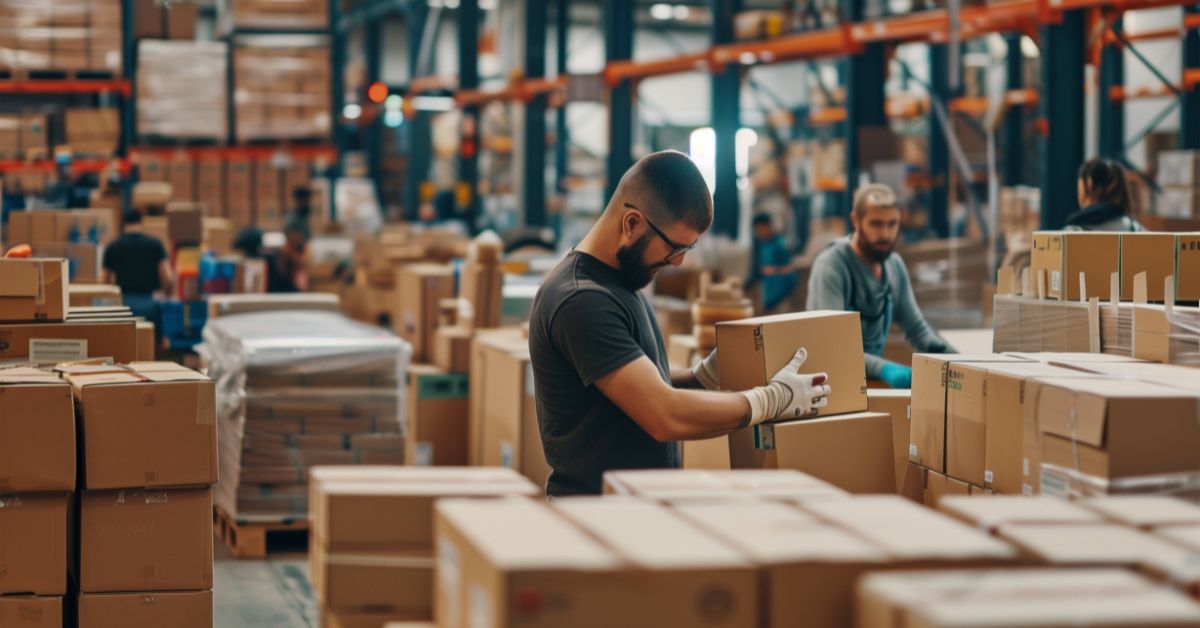 a worker stacking parcels in a busy warehouse, surrounded by pallets and boxes