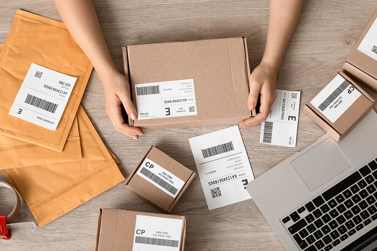 Different sizes and types of packaging with shipping labels represent the best way to save on shipping