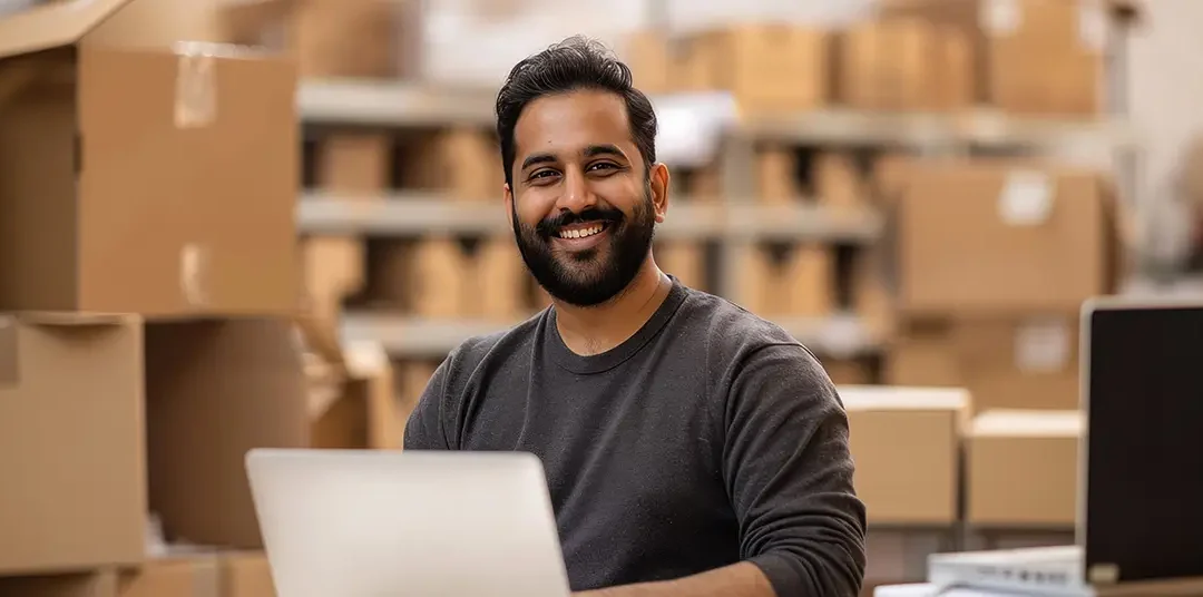 Ecommerce business owner surrounded by parcels is happy because he knows how to get discounts on shipping