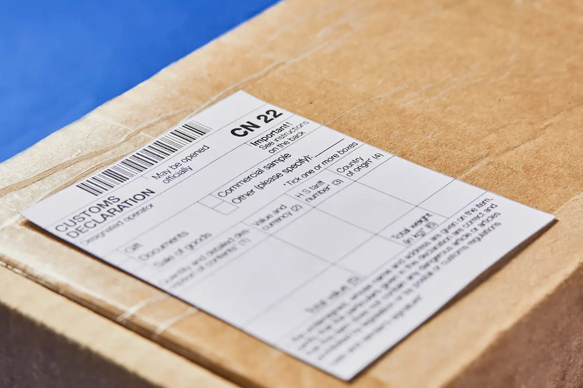 International shipping label with customs declaration information.