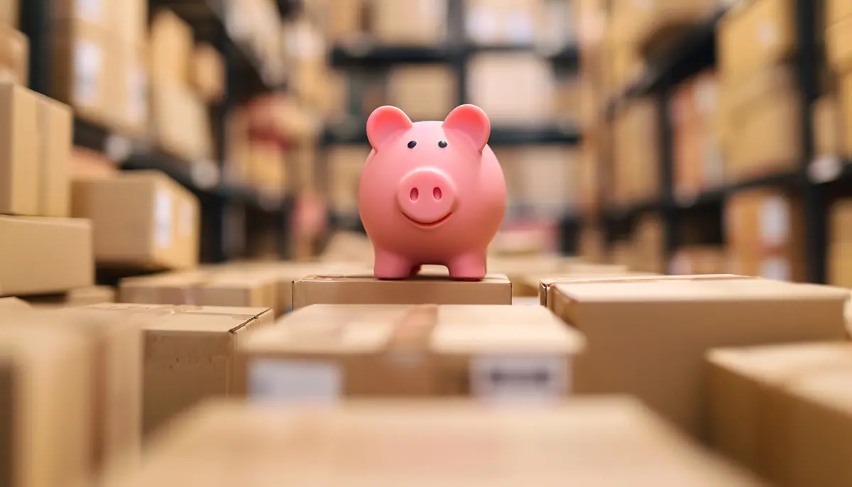 A piggy bank sitting on a stack of parcels representing discounts on shipping labels