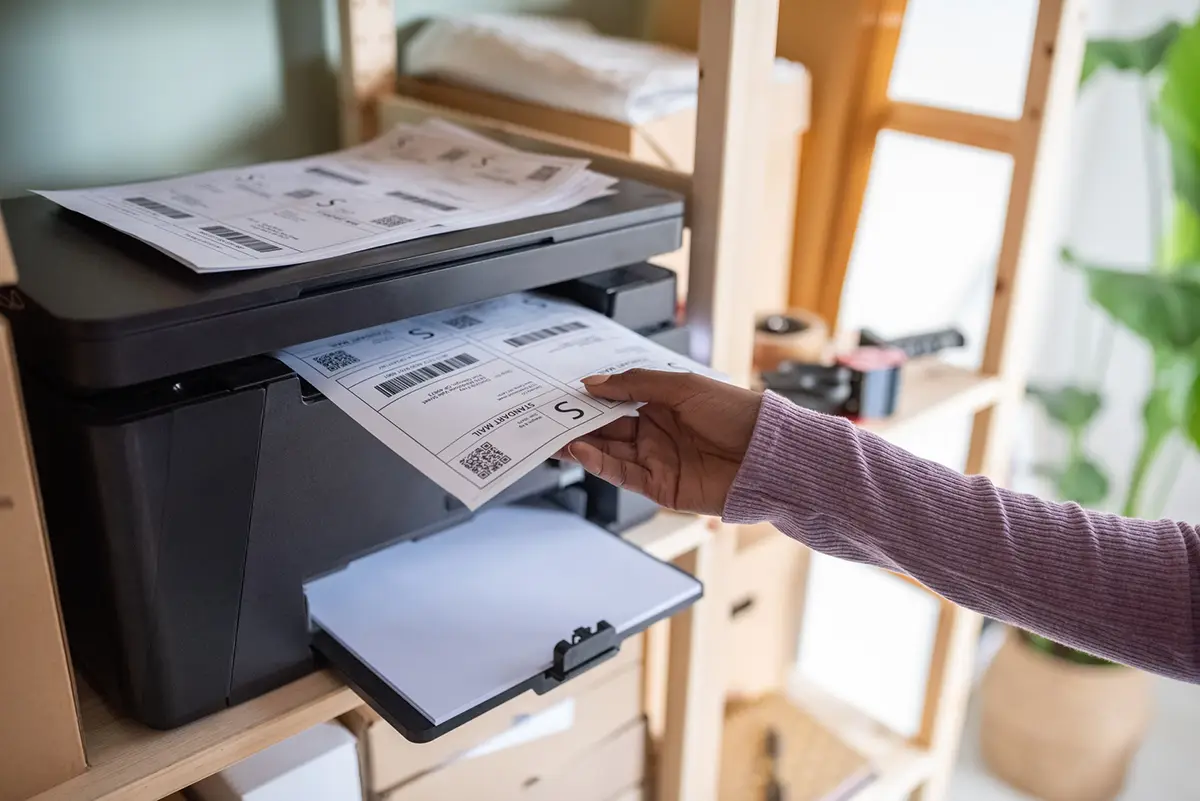 A small business owner printing shipping labels on a traditional inkjet office printer