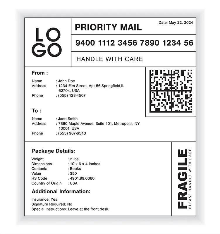 An example of a shipping label for ecommerce parcel shipping.