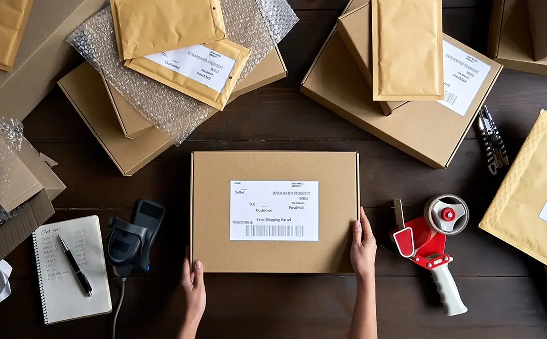 Workspace to create shipping labels for FedEx, UPS, and USPS with ecommerce parcels, tape, packaging materials, and shipping labels