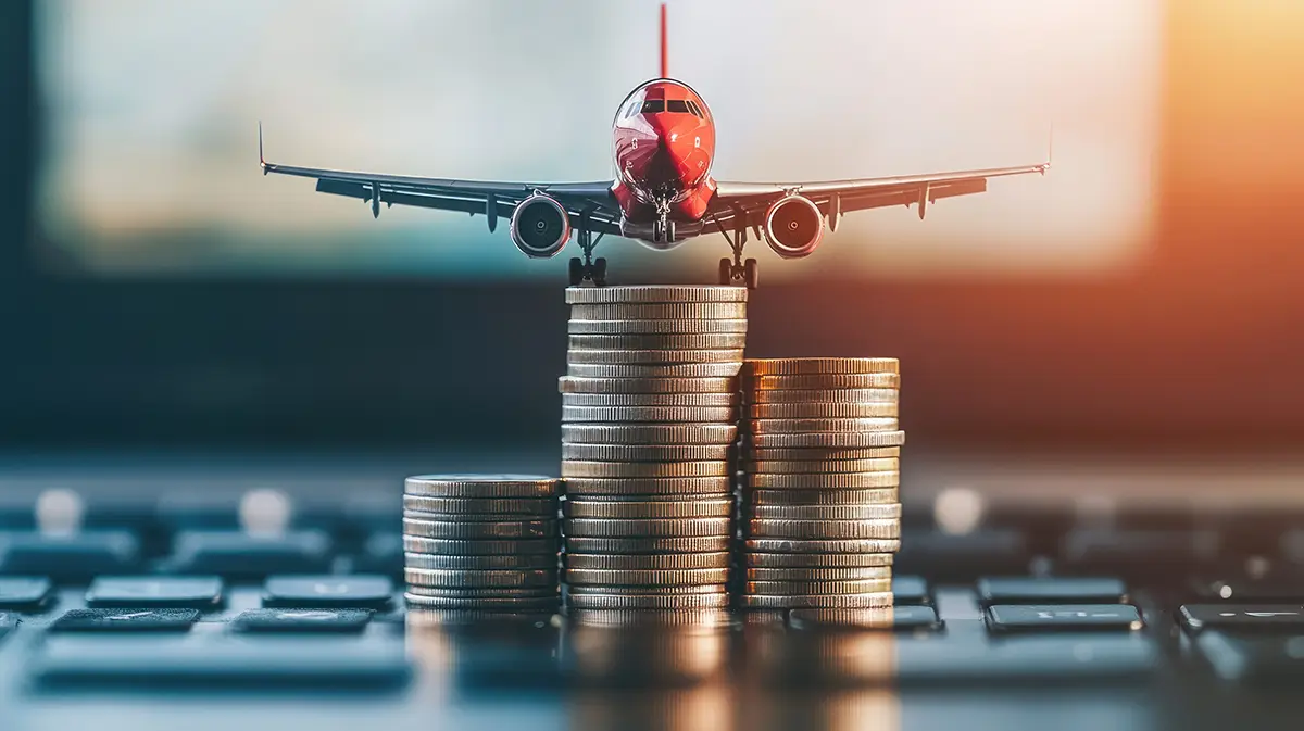 Toy airplane on a stack of coins representing the cheapest way to ship internationally