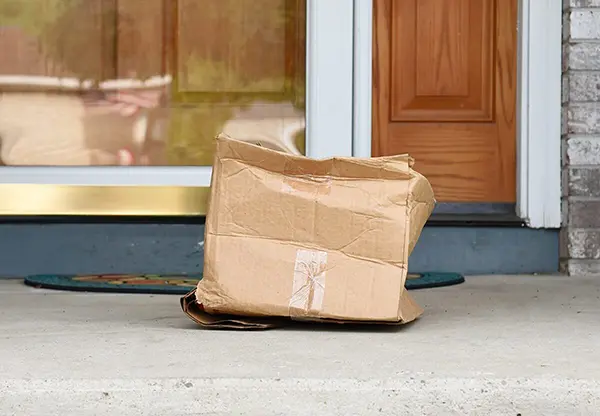 A damaged parcel sitting on a doorstep is covered by shipping insurance