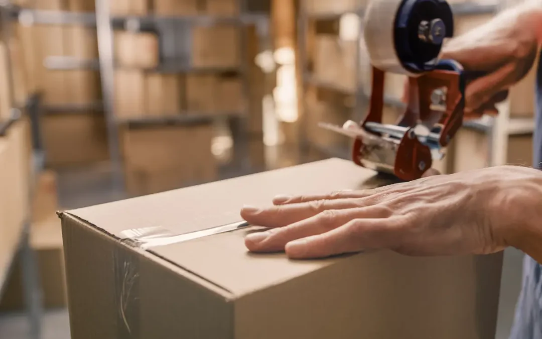 Warehouse worker taping a small box for parcel shipping