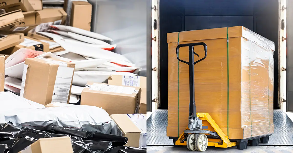 Small parcel shipping boxes and poly bags next to a pallet with one large package and a pallet jack