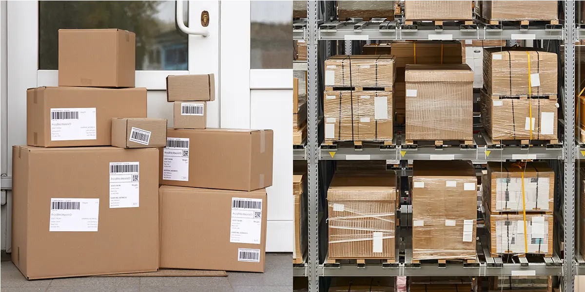 Small packages piled by a door and large parcels on pallets on warehouse shelves