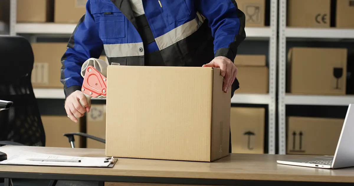 Warehouse worker preparing packages for shipping by taping a box 