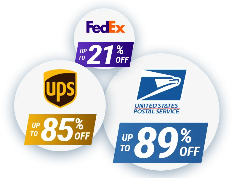 Graphic showing discount shipping rates up to 89% off USPS, up to 85% off UPS, and up to 21% FedEx 