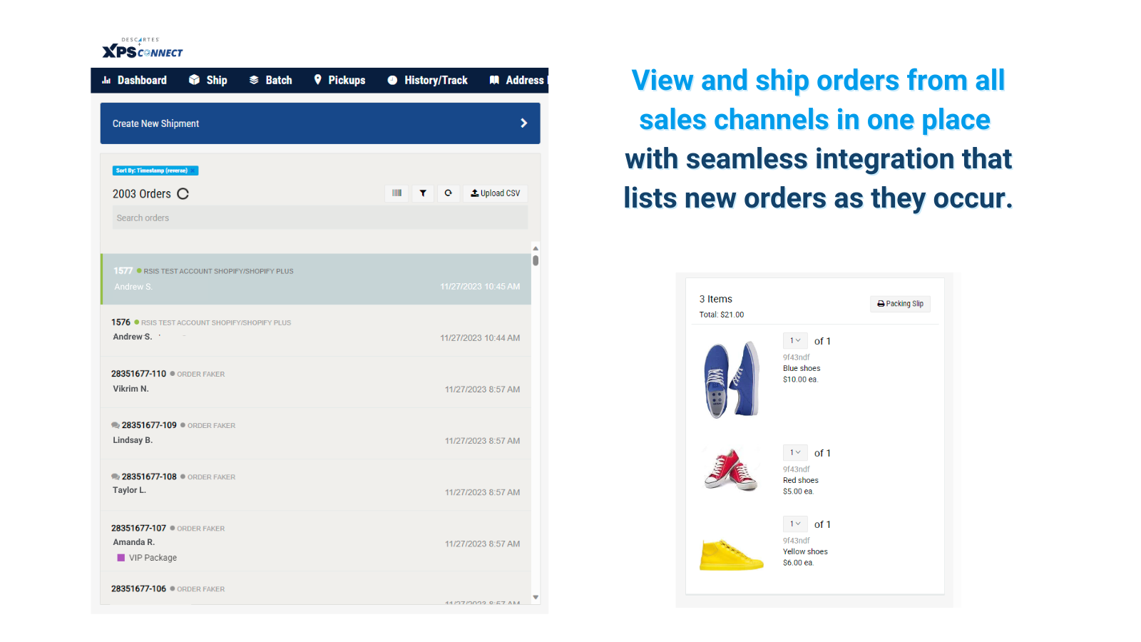 A screenshot of the XPS Ship web platform Create a New Shipment screen with multichannel orders ready for shipping. Text on the image reads, “View and ship orders from all sales channel in one place with seamless integration that lists new orders as they occur.”